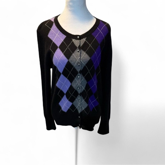 Cashmere Argyle Pattern Black and Purple Women's Sweater - Picture 1 of 5